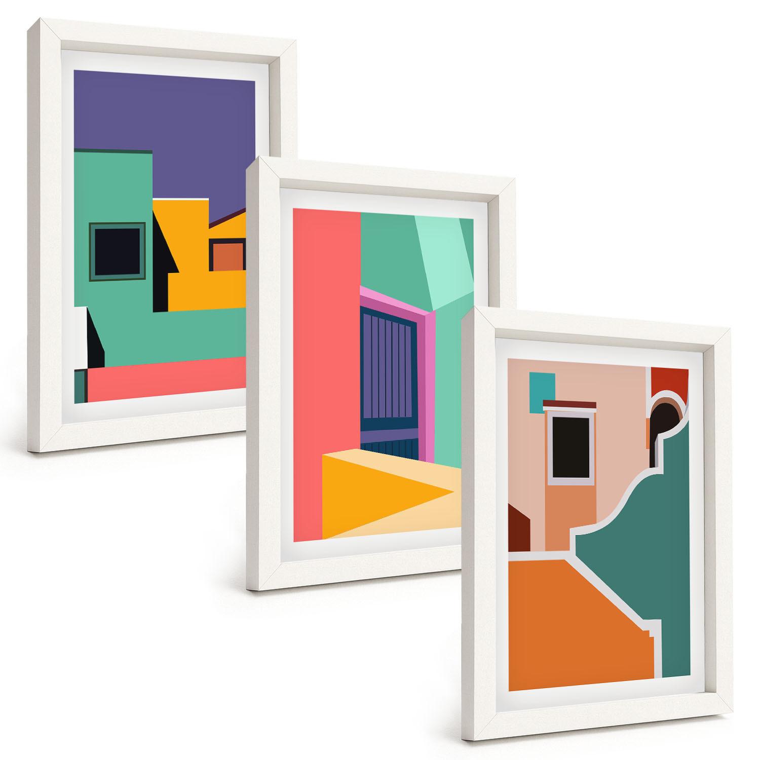 BILDER SET 3er Set - 20x30 cm Weißer Rahmen - Farbenfrohe Illustrationen der Stadt - Weiß, Kunststoff (20/30cm) - TULUP