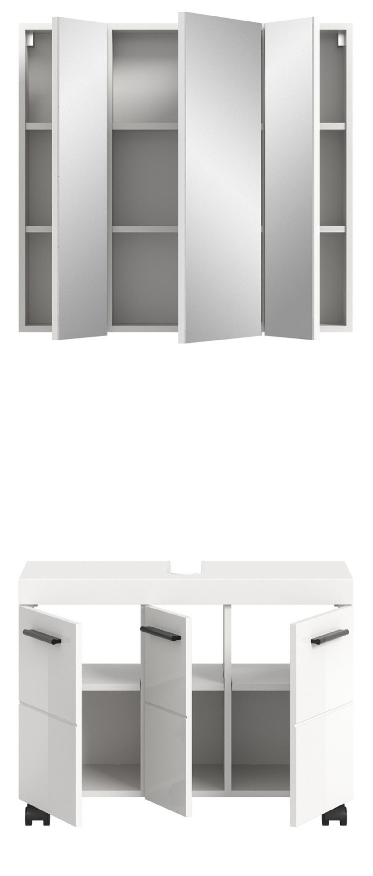 BADMÖBEL-SET weiß Hochglanz 2-teilig 82 cm, Badkombination auf Rollen - Weiß Hochglanz/Schwarz, Glas/Holzwerkstoff (82/191/30cm) - Inn.Furn