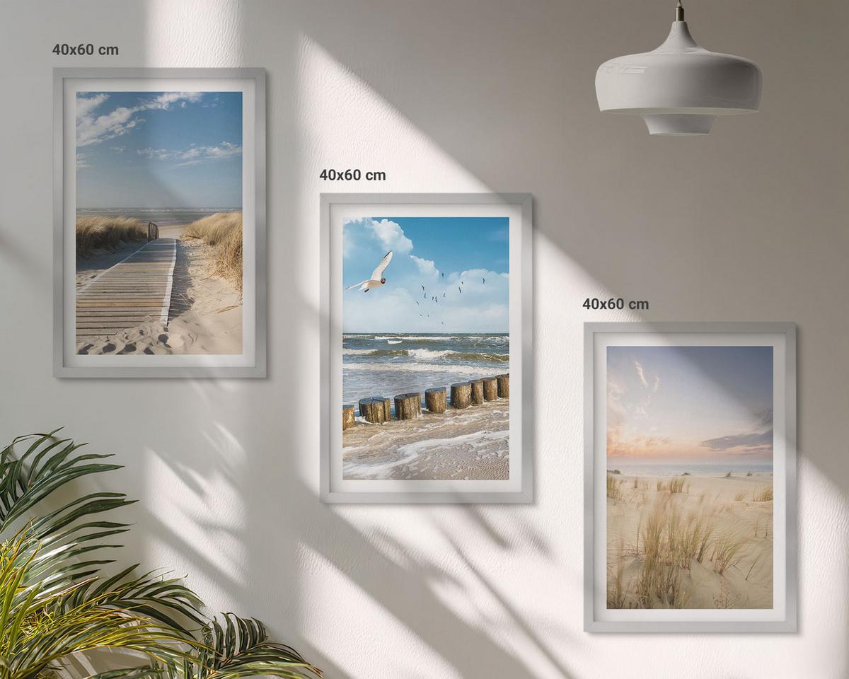 BILDER SET 3er Set - 40x60 cm Silberner Rahmen - Strand, Sand, Wellen, Himmel, Vögel - Silberfarben, Kunststoff (40/60cm) - TULUP
