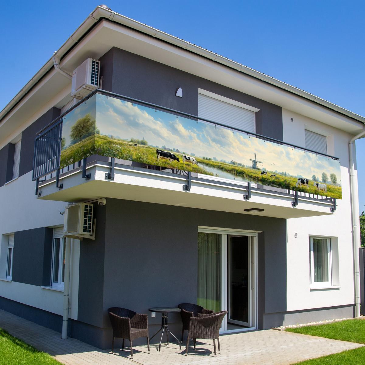 BALKON-SICHTSCHUTZ Kühe - Windmühle - Wiese - Blau Groß 500x90 cm - Grün, Kunststoff (500/90cm) - MuchoWow