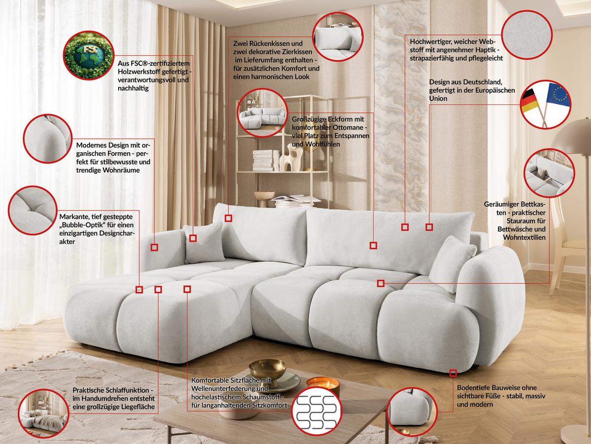 ECKSOFA Loretto aus natürlichem Creme Webstoff mit Schlaffunktion, Bettkasten und tiefen Steppungen in Bubble-Optik - Creme/Schwarz, Holz/Kunststoff (180/275cm) - S-Style