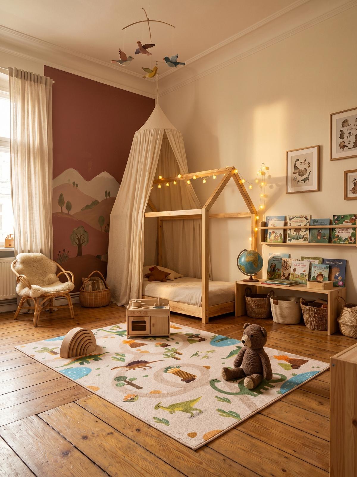 SPIELTEPPICH Waschbar TINO in Beige, mit Dino-Landschaft, 140 x 200 cm - Beige, Textil (200/140cm) - KADIMA DESIGN