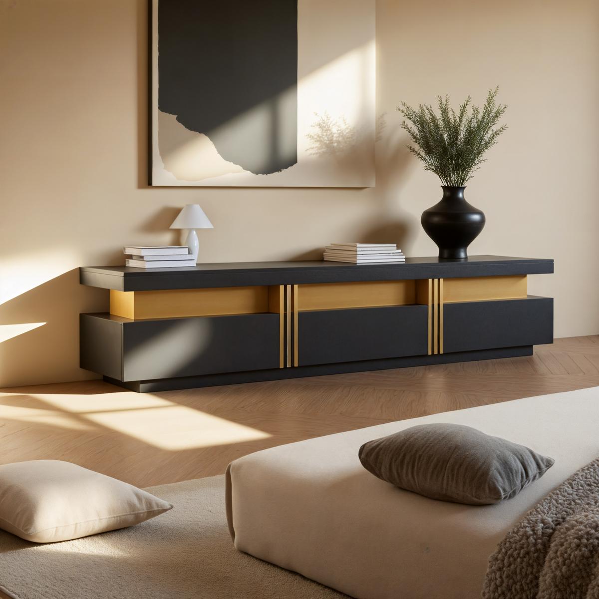 SIDEBOARD mit Marmoroptik und Goldakzenten, 120/40/42 cm - Schwarz, Holzwerkstoff (40/42/200cm) - Urban Meuble