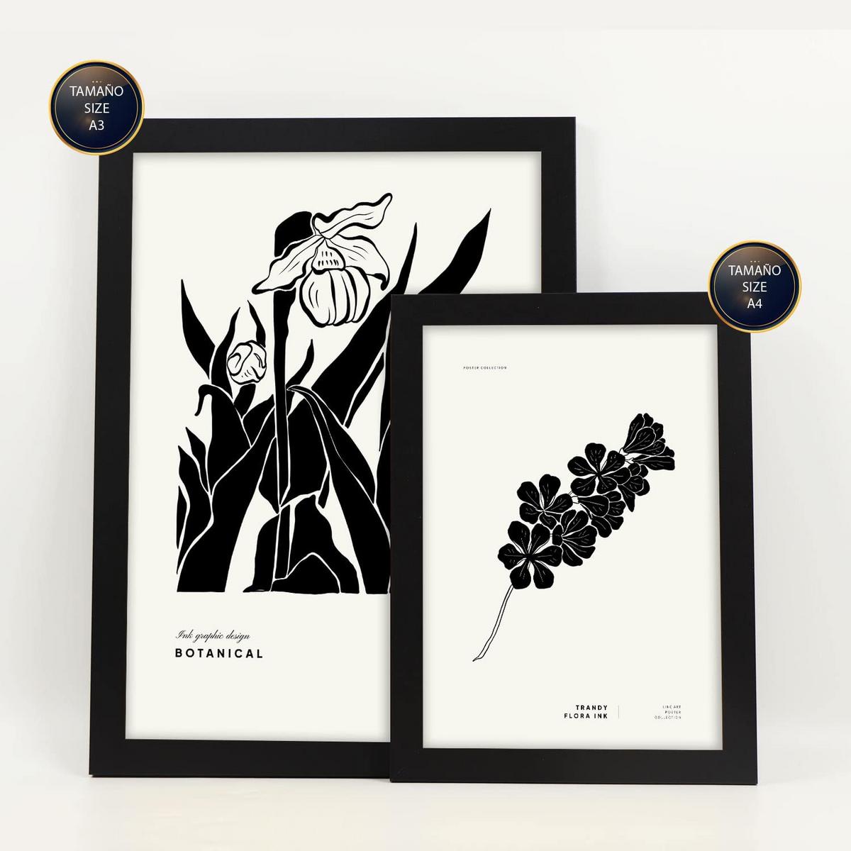 POSTER Set Mit 6 In Schwarzer Tinte Tropische Tinten Kunstdrucke Im Skizzenstil Für Innenarchitektur A3 & A4 Schwarzer Rahmen - Schwarz, Papier (29/3cm) - Nacnic
