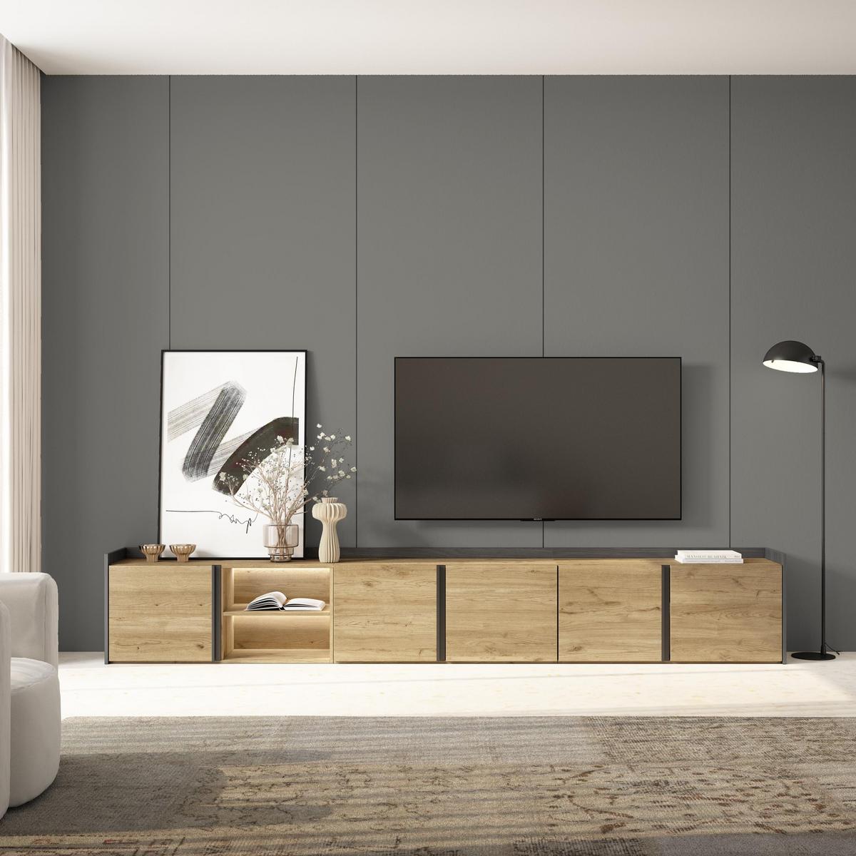 LOWBOARD, Eiche und Schwarz, 309/35/50cm, mit Led - Eichefarben, Holzwerkstoff (309/50/35cm) - Skraut Home