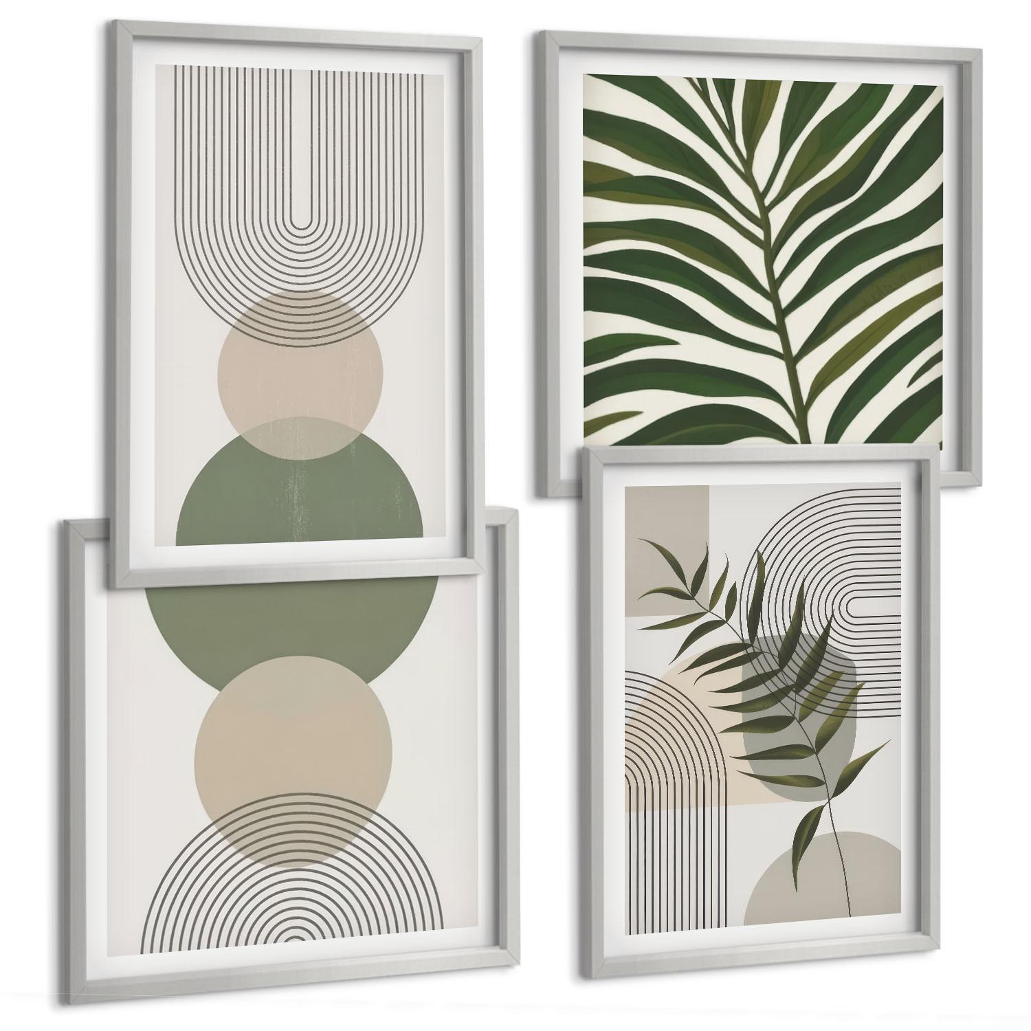 BILDER SET 4er Set - 50x50 cm & 40x60 cm Silberner Rahmen - Abstrakte Blätter im Boho-Stil - Silberfarben, Kunststoff (50/50cm) - TULUP