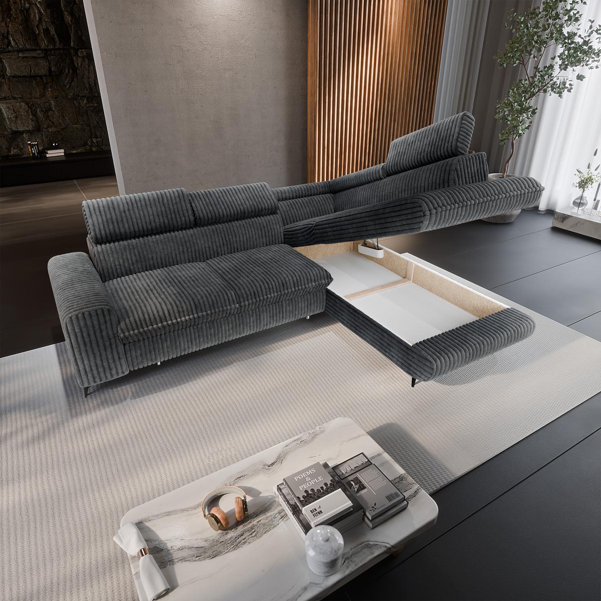 ECKSOFA VELISS Grau Kordstoff mit Schlaffunktion - Grau, Holz (255/193cm) - MASSENO