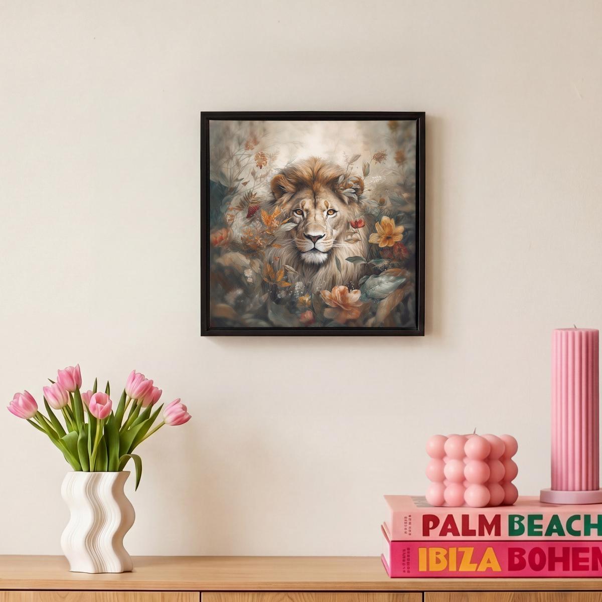 LEINWAND Bilder mit Rahmen - Löwe - Wildtiere - Pflanzen - Natur - Blumen - 20x20 - Beige, Textil (20/20cm) - MuchoWow