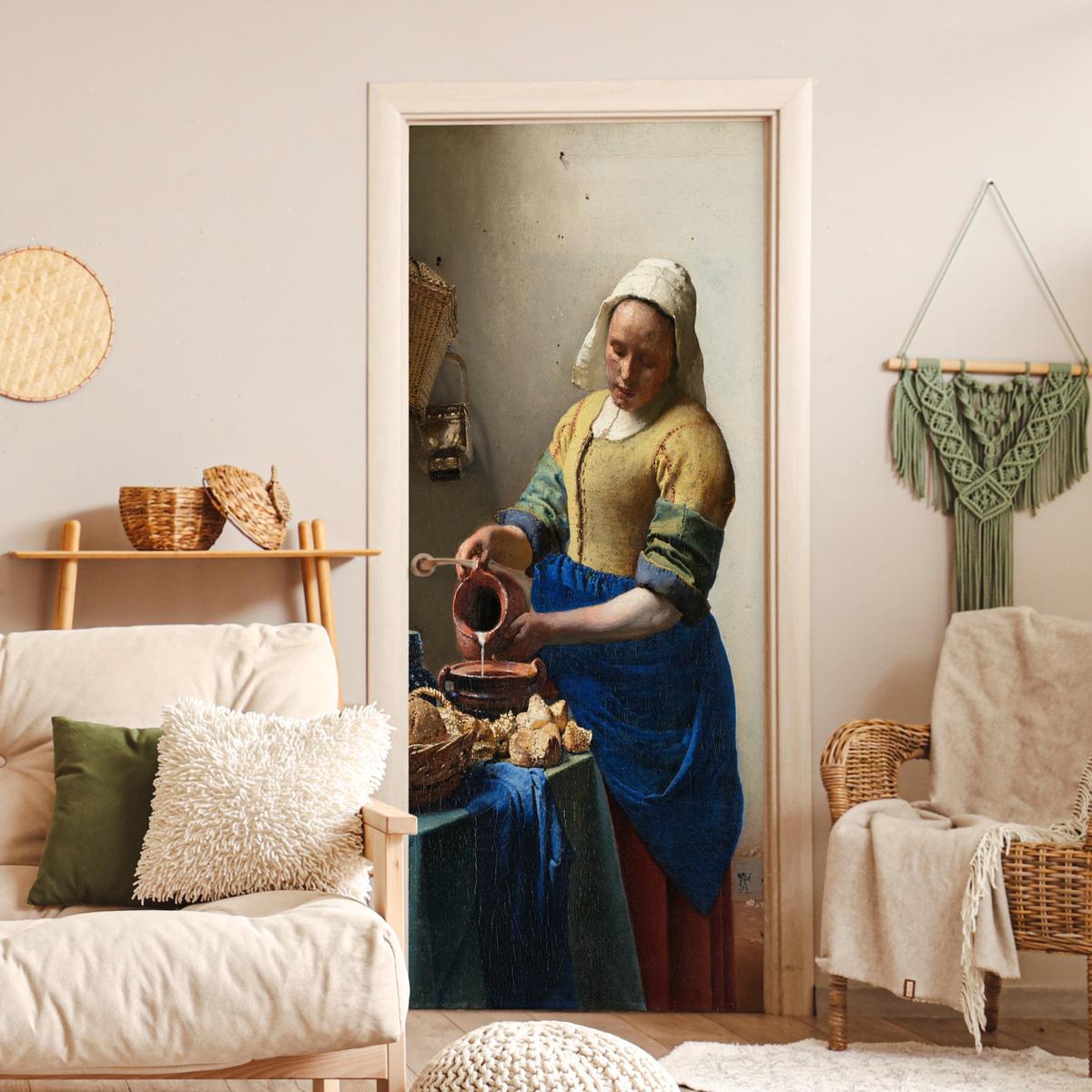TÜRAUFKLEBER Das Milchmädchen - Johannes Vermeer 90x215 cm - Türtapete - Dunkelblau, Kunststoff (90/0.1cm) - MuchoWow
