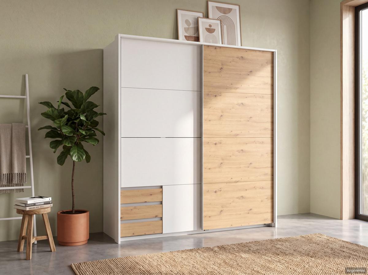 SCHWEBETÜRENSCHRANK 2-türig B183/H200/T65 cm, Passepartout-Kleiderschrank in Weiß, 1x Tür & Schubkästen in Eiche Artisan Dekor / 22697 - Eichefarben/Alufarben, Holz/Holzwerkstoff (183/200/65cm) - luma-home