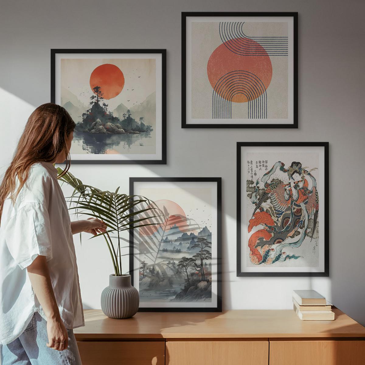 BILDER SET 4er Set - 50x50 cm & 40x60 cm Schwarzer Rahmen - Asiatische Landschaften Japandi - Schwarz, Kunststoff (50/50cm) - TULUP