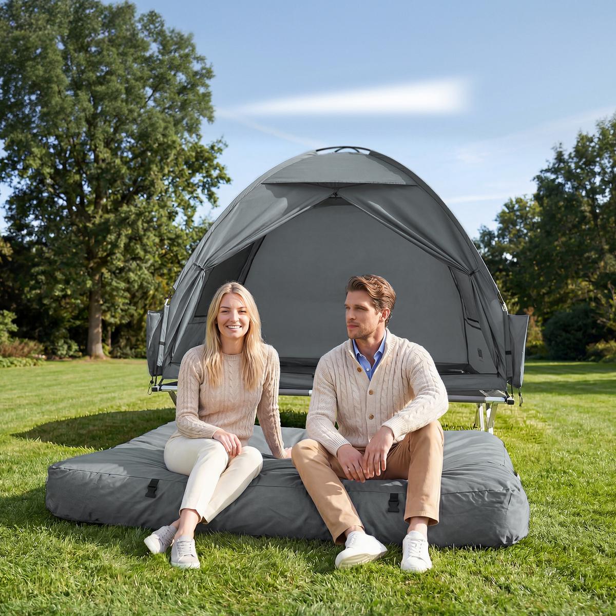CAMPINGBETT mit Zelt und aufblasbarer Matratze OGS32-II-L-HG-TP - Ahornfarben, Fell/Metall (193/188/145cm) - SoBuy