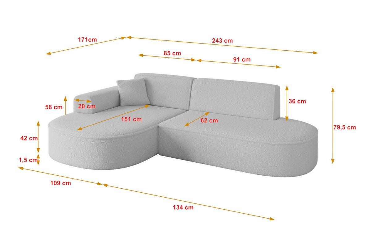 ECKSOFA Ottomane Links MARI-L1 - 243x171x79 cm Hellgrau Bouclé - Hellgrau/Schwarz, Holzwerkstoff/Kunststoff (163/234cm) - ALTDECOR