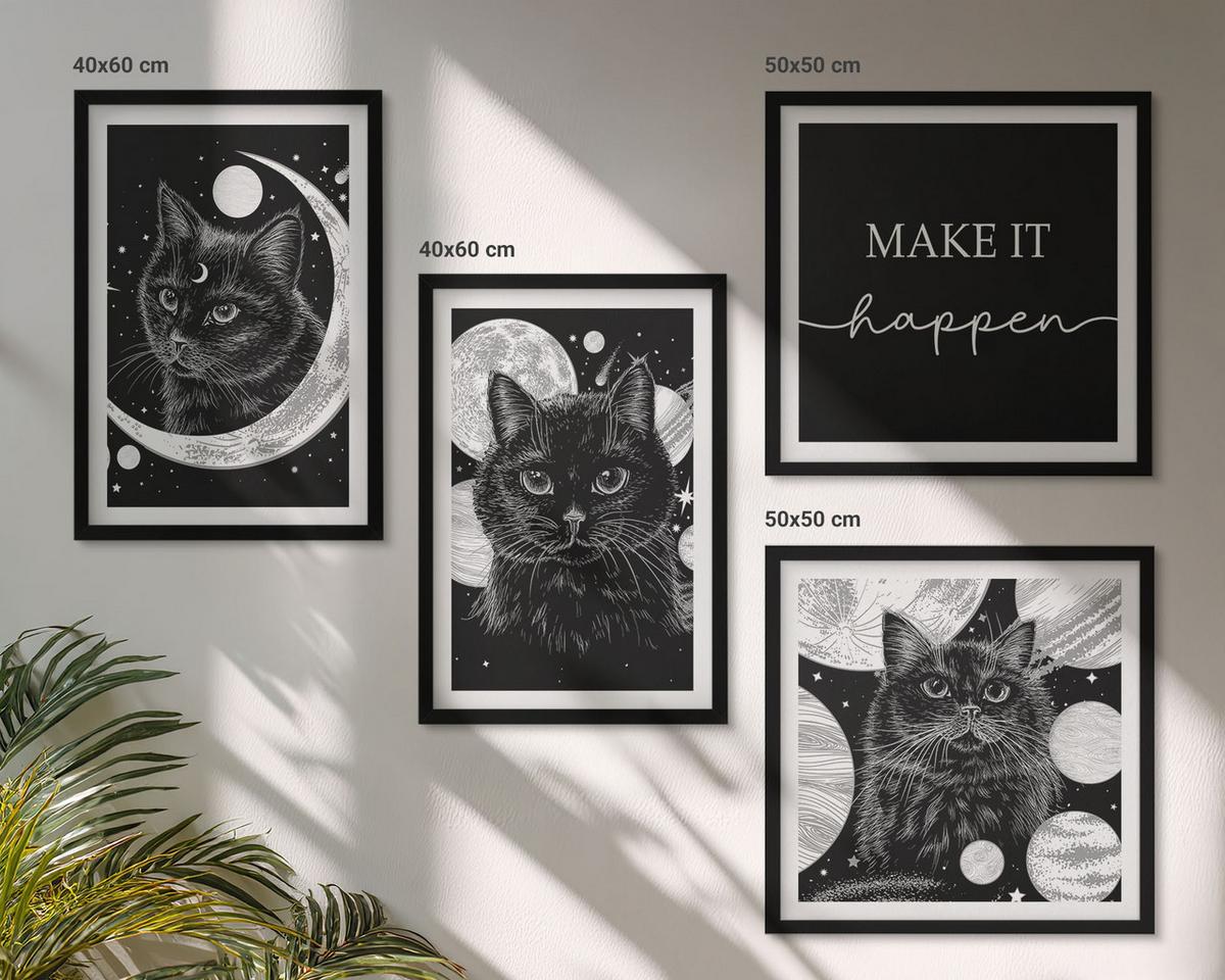 BILDER SET 4er Set - 50x50 cm & 40x60 cm Schwarzer Rahmen - Schwarze Katzen, Mond, Planet - Schwarz, Kunststoff (50/50cm) - TULUP