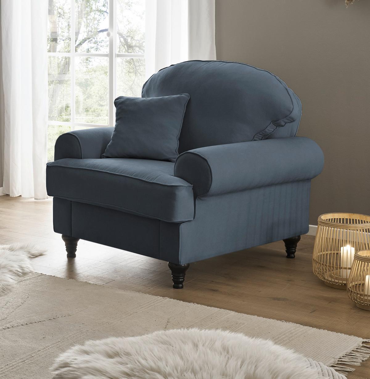 SESSEL blau Landhaus, Loungesessel 110 cm - Blau/Braun, Holz/Textil (110/95/100cm) - Furn.Design