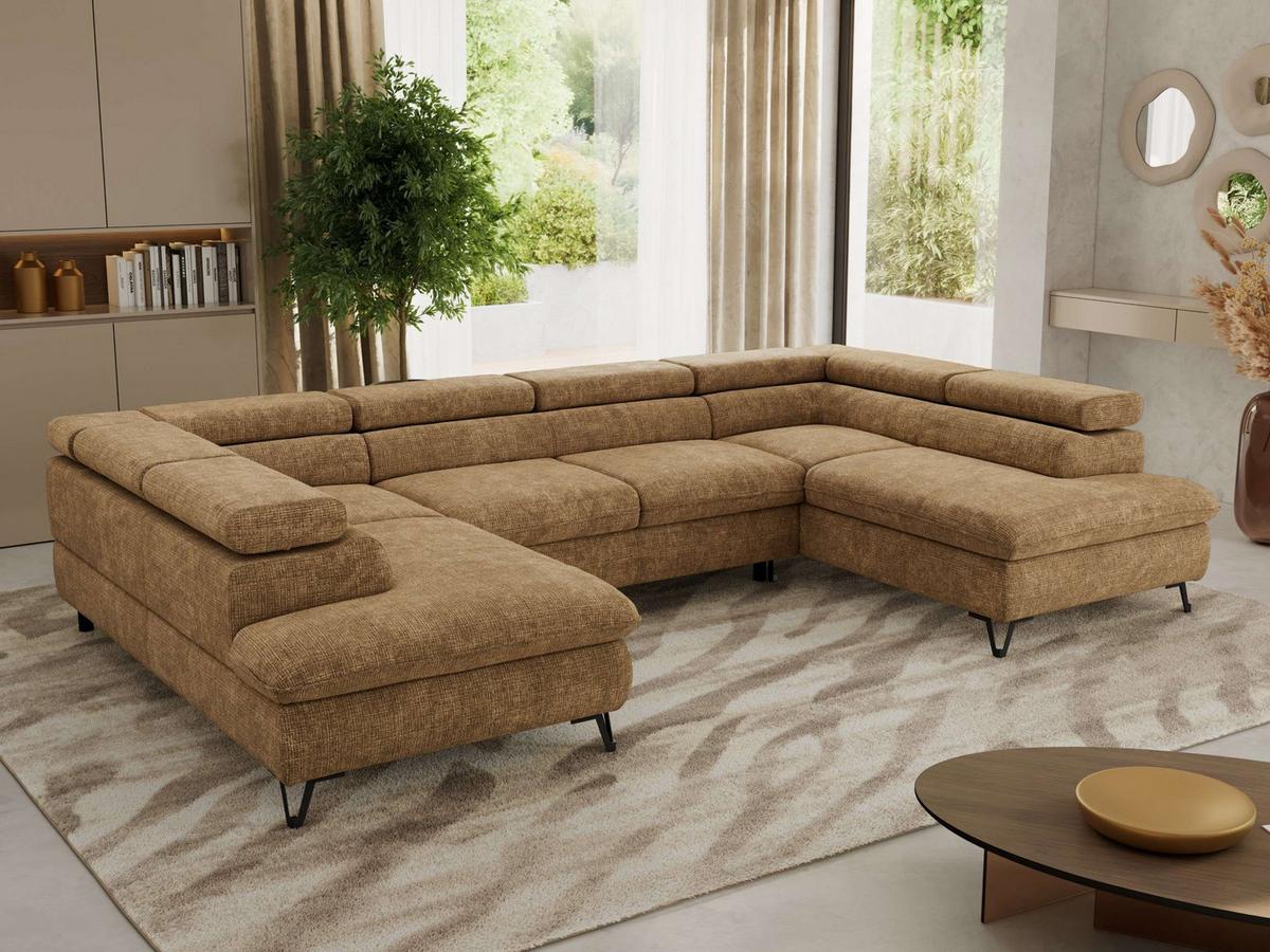 WOHNLANDSCHAFT PABLO U Schenille grob gewebt Hellbraun mit Topper Visco - Hellbraun/Schwarz, Textil/Metall (346/76/208cm) - MKS