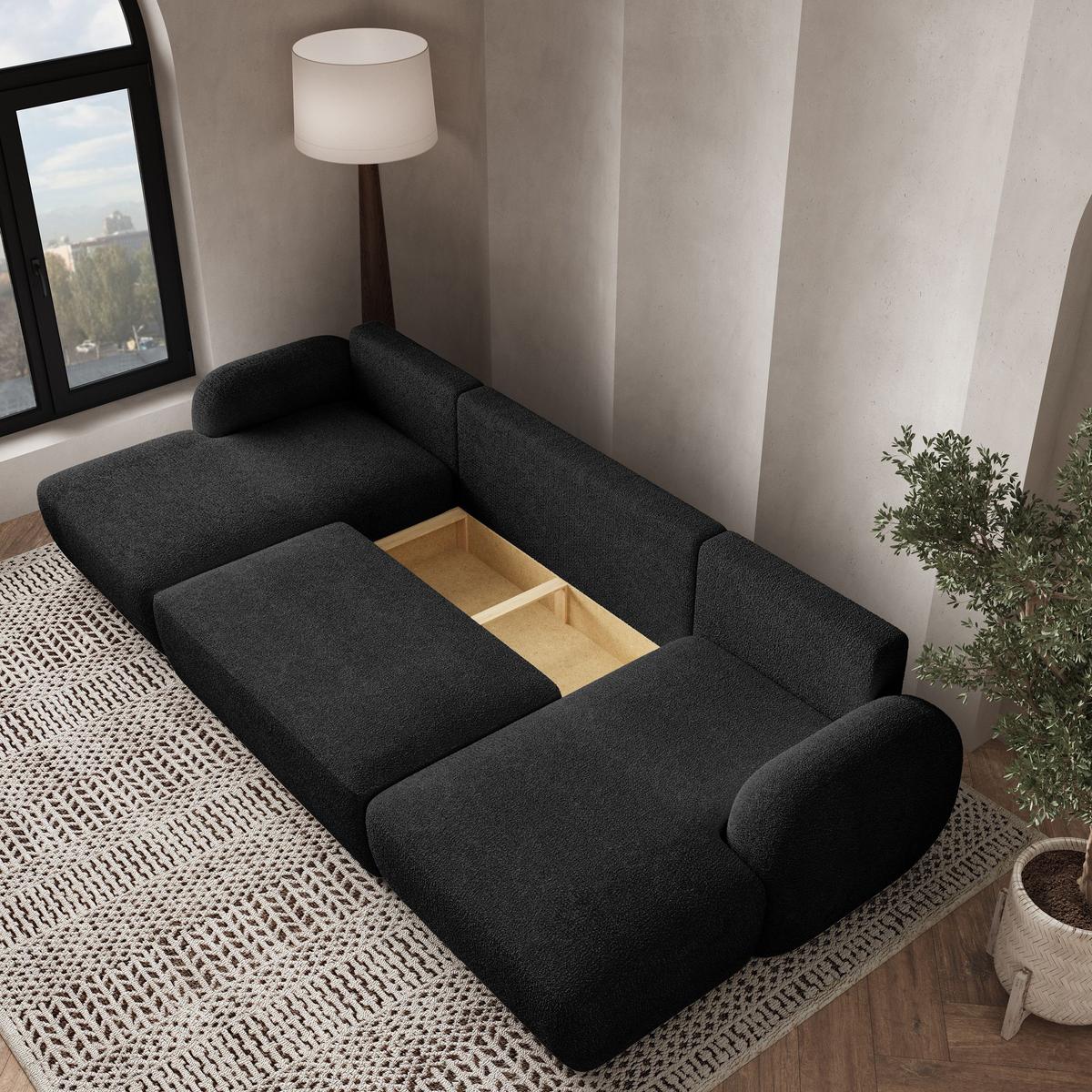 WOHNLANDSCHAFT SAVONA N Schwarz Boucle-Stoff mit Schlaffunktion - Schwarz, Holz/Kunststoff (320/90/148cm) - MASSENO
