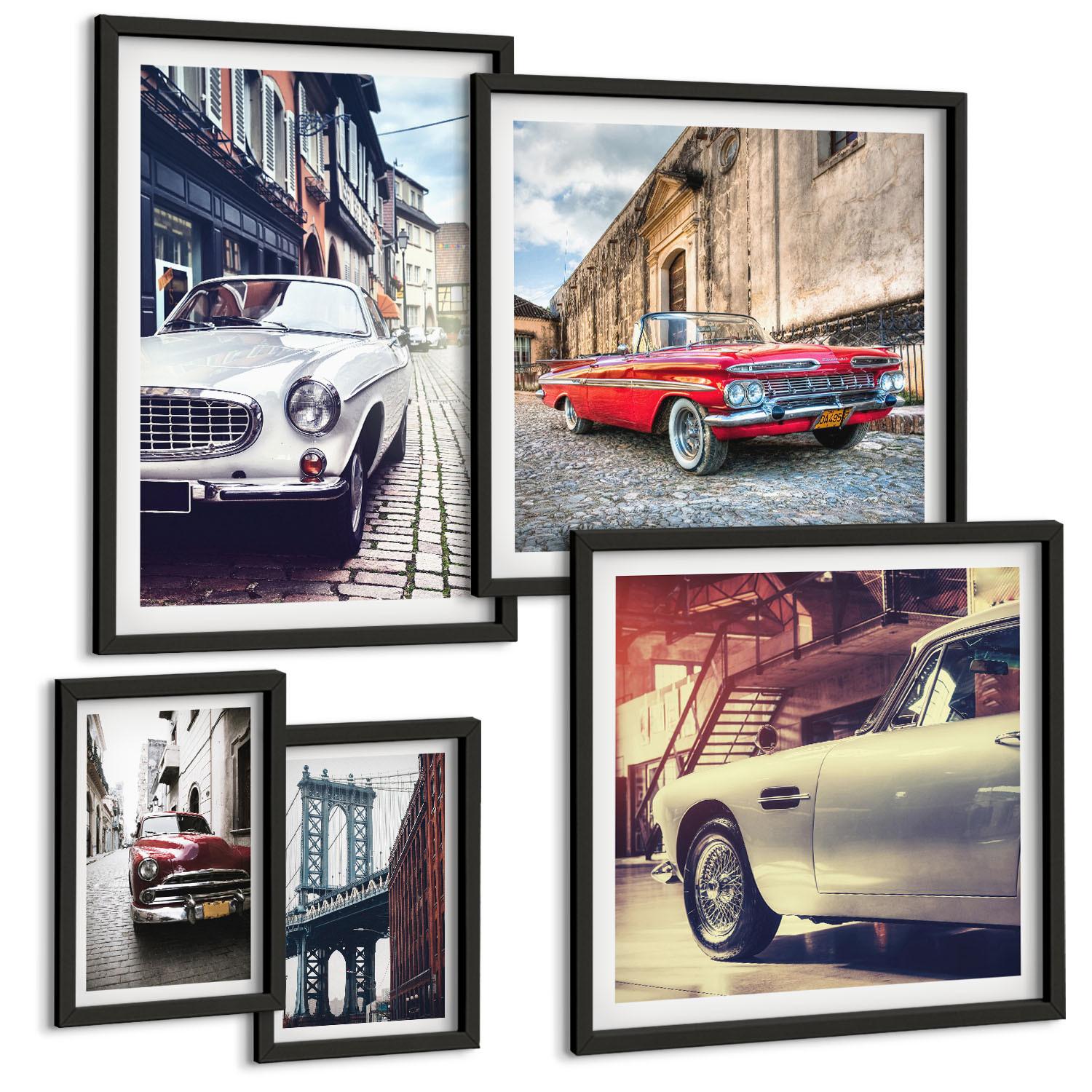 BILDER SET 5er Set - 50x50 cm & 20x30 cm & 40x60 cm Schwarzer Rahmen - Oldtimer in Städten - Schwarz, Kunststoff (40/60cm) - TULUP