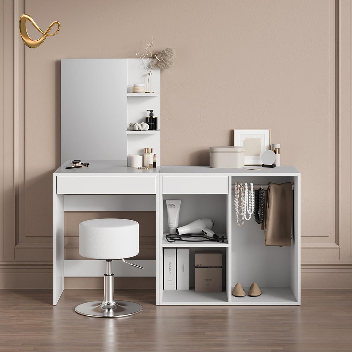 SCHMINKTISCH Nola Weiß 140 cm mit Hocker - Weiß, Holzwerkstoff (140/140/40cm) - Livinity®