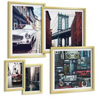 BILDER SET 5er Set - 50x50 cm & 20x30 cm & 40x60 cm Goldrahmen - Old Cars Brooklyn Retro-Audio - Goldfarben, Kunststoff (40/60cm) - TULUP
