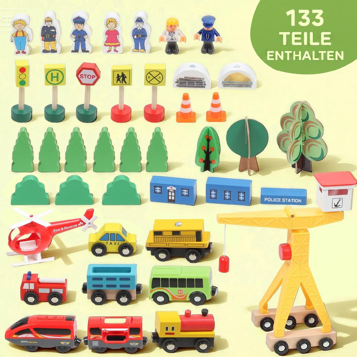 HOLZEISENBAHN-SET Buchenholz Metall Mehrfarbig - Multicolor, Holz (80/24/120cm) - AIYAPLAY
