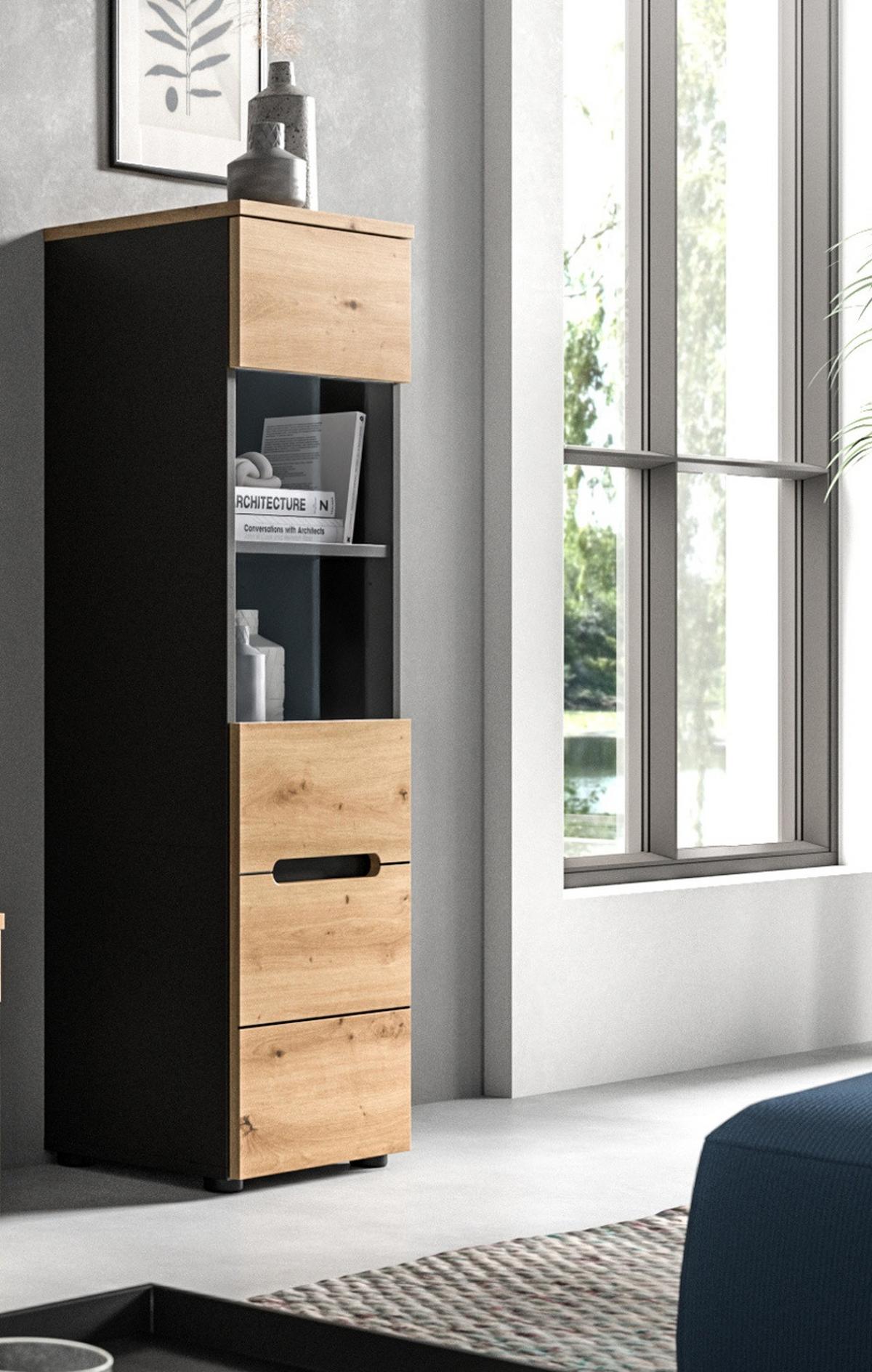 VITRINE Eiche Artisan, grau, Vitrinenschrank hängend / stehend 36 x 125 cm, Soft-Close - Schwarz/Eiche Artisan, Glas/Holzwerkstoff (36/125/33cm) - Inn.Furn