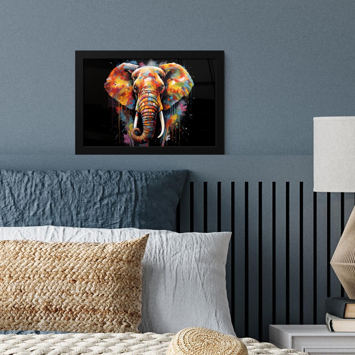 POSTER MIT RAHMENGERAHMTES BILD Elefant - Graffiti - Schwarz - Tiere - Farben 30x20 cm - Schwarz, Papier (30/20cm) - MuchoWow
