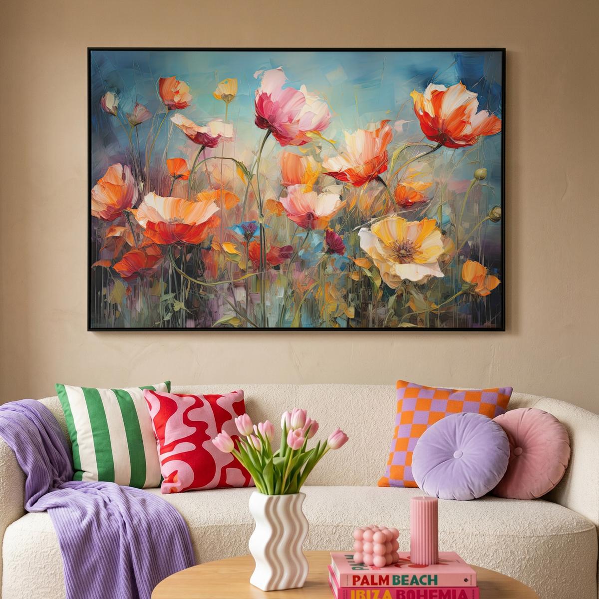 LEINWAND Bilder mit Rahmen - Blumen - Aquarell - Kunst - Botanisch - Natur - 140x90 - Orange, Textil (140/90cm) - MuchoWow