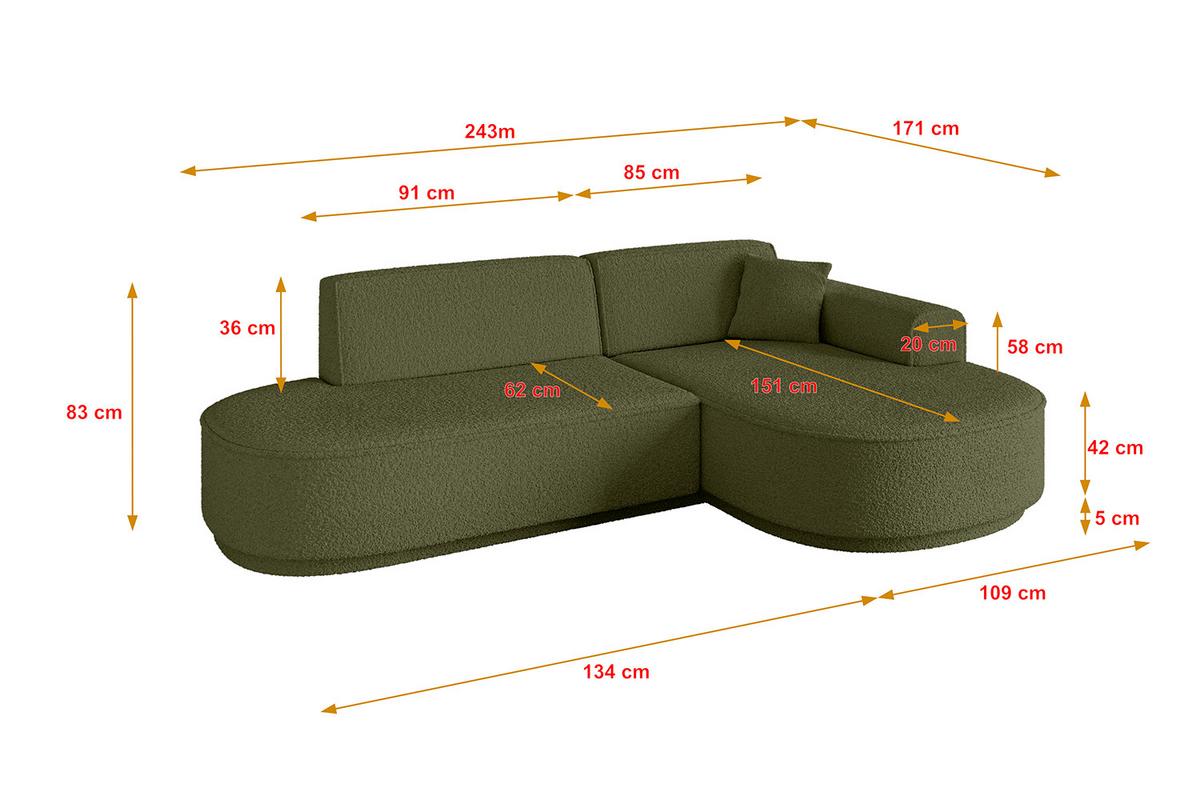 ECKSOFA Ottomane Rechts MARI-L1-v3 - 243x171x83 cm Grün Bouclé - Schwarz/Grün, Holzwerkstoff/Kunststoff (171/243cm) - ALTDECOR