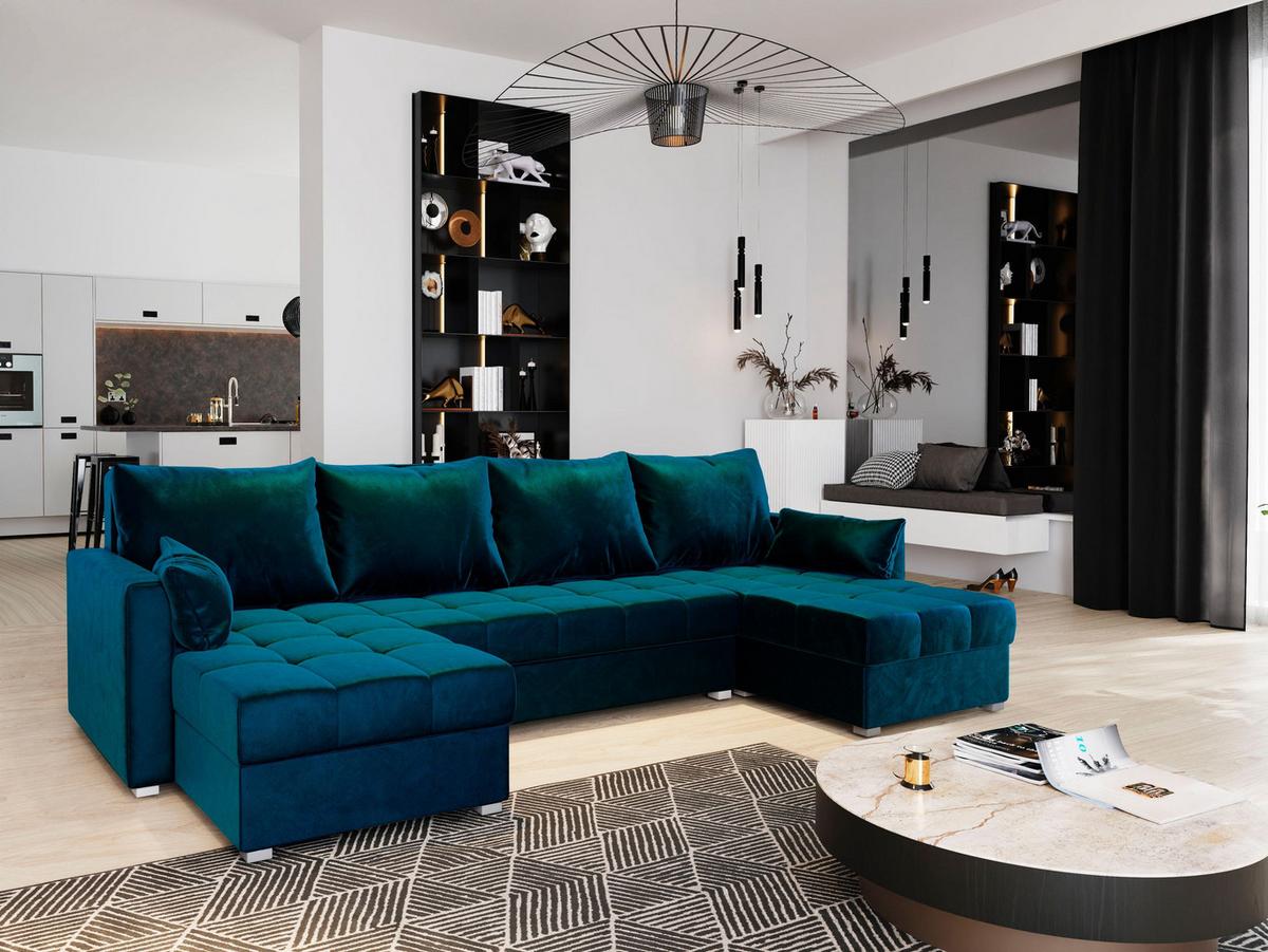 WOHNLANDSCHAFT NAKO Blau Plüsch-Stoff mit Schlaffunktion - Blau/Grau, Holz/Kunststoff (285/85/140cm) - MASSENO