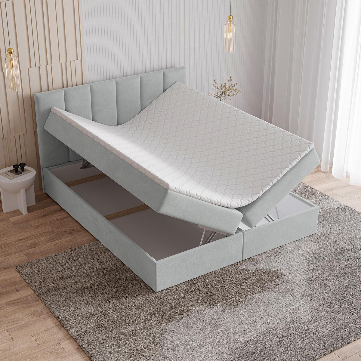 BOXBETT MERIL 160x200 cm mit Matratze und Topper - Hellgrau - Hellgrau, Holz (160/200cm) - MASSENO