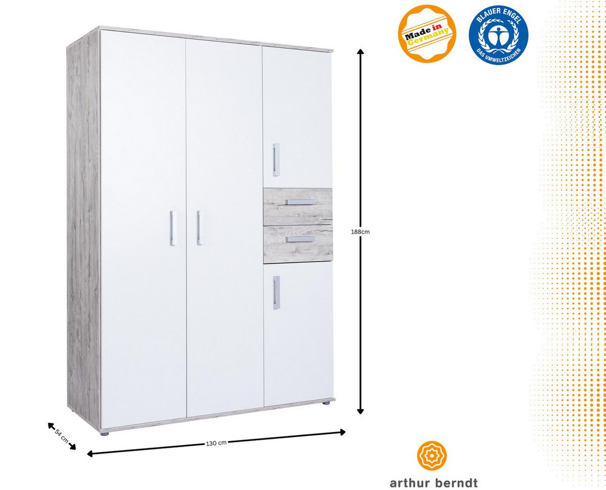 KLEIDERSCHRANK Bente 4-türig Weiß /Eiche - Eichefarben/Silberfarben, Holzwerkstoff/Kunststoff (130/188/54cm) - arthur berndt