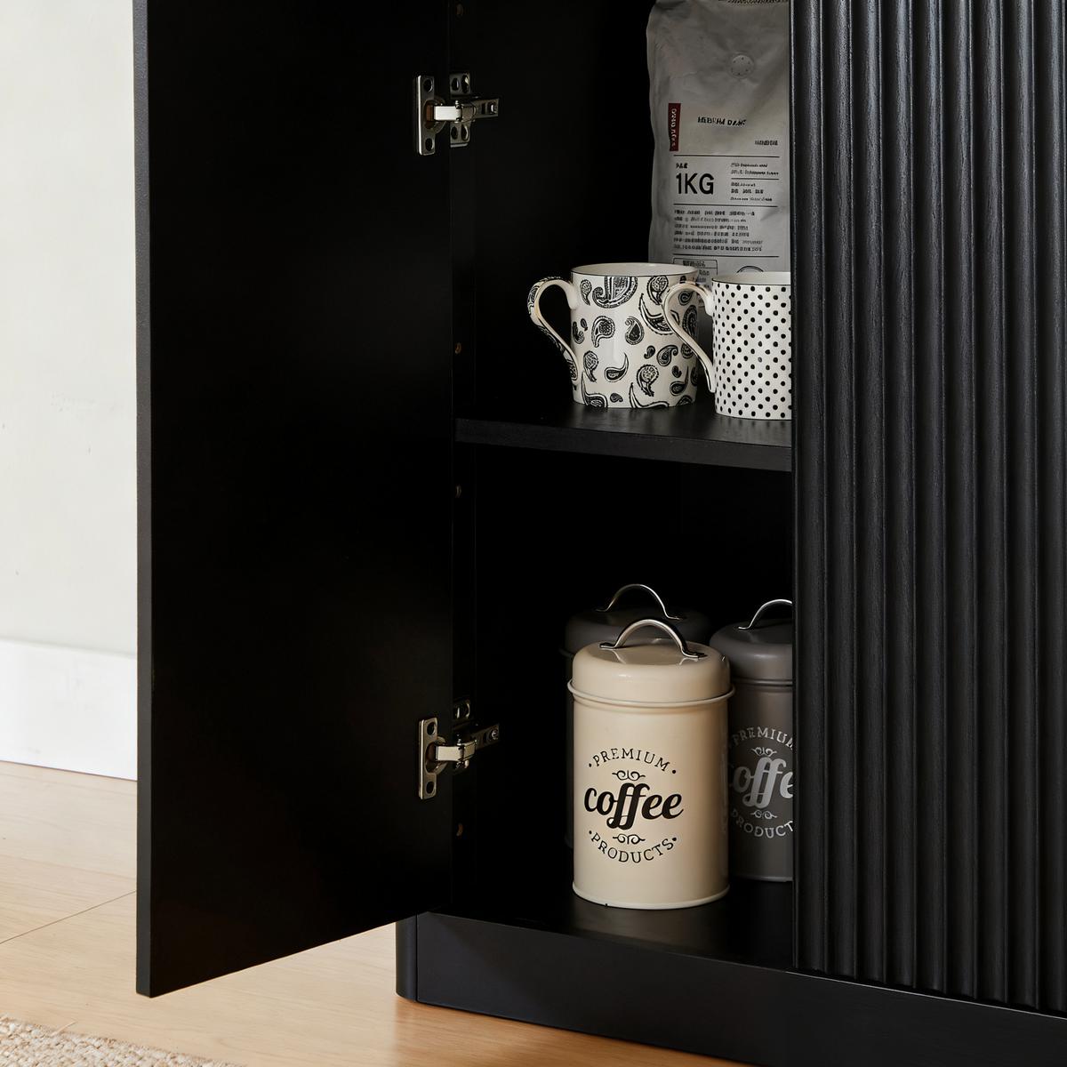 SIDEBOARD Schwarz & Holz-Optik 150 cm mit Wellen-Design & 4 Türen - Schwarz, Holzwerkstoff (150/70.5/40cm) - Urban Meuble
