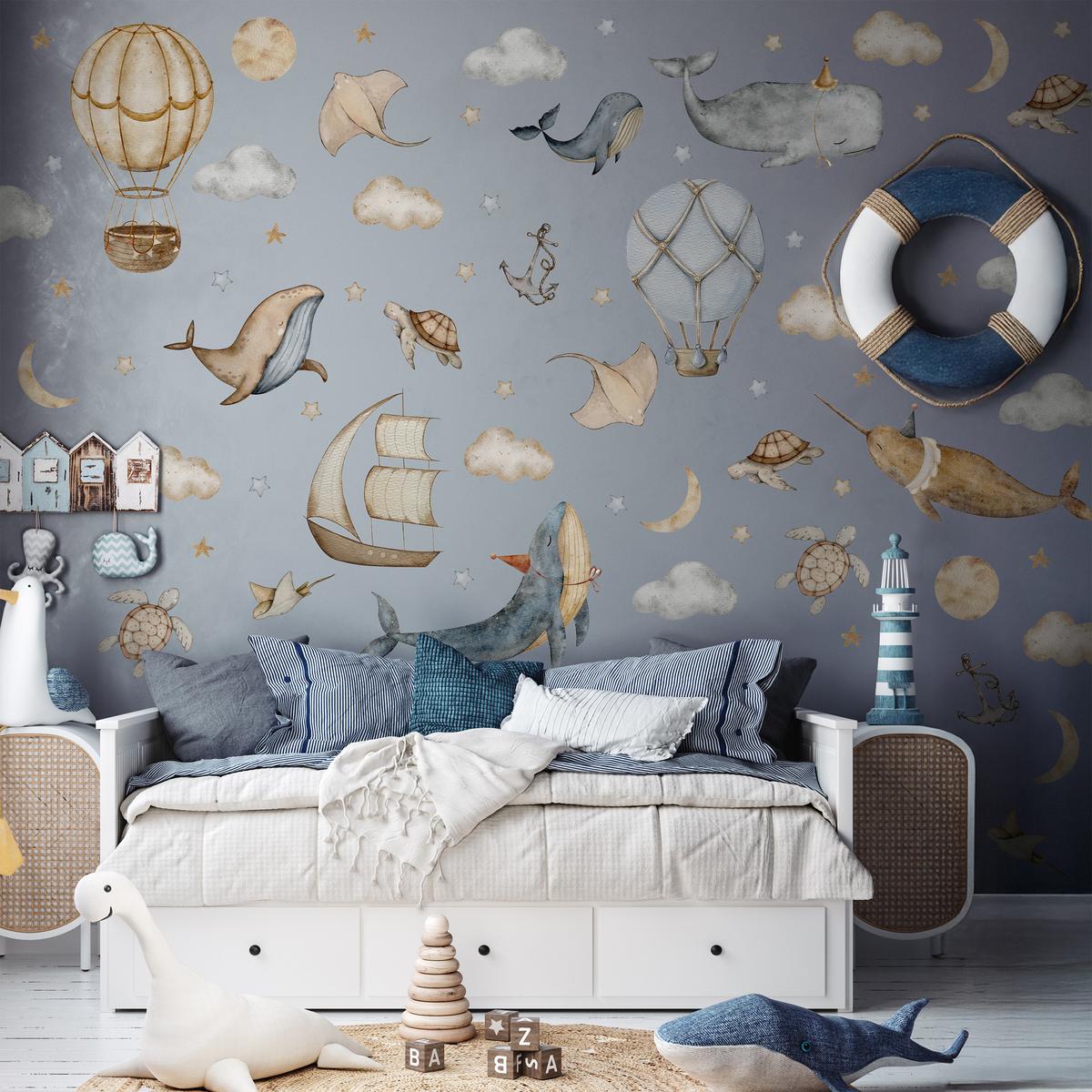WANDSTICKER SET Wale Schildkröten Wolken Luftballons Sterne 60x30 - Beige/Braun, Papier (60/30/1cm) - Muralo