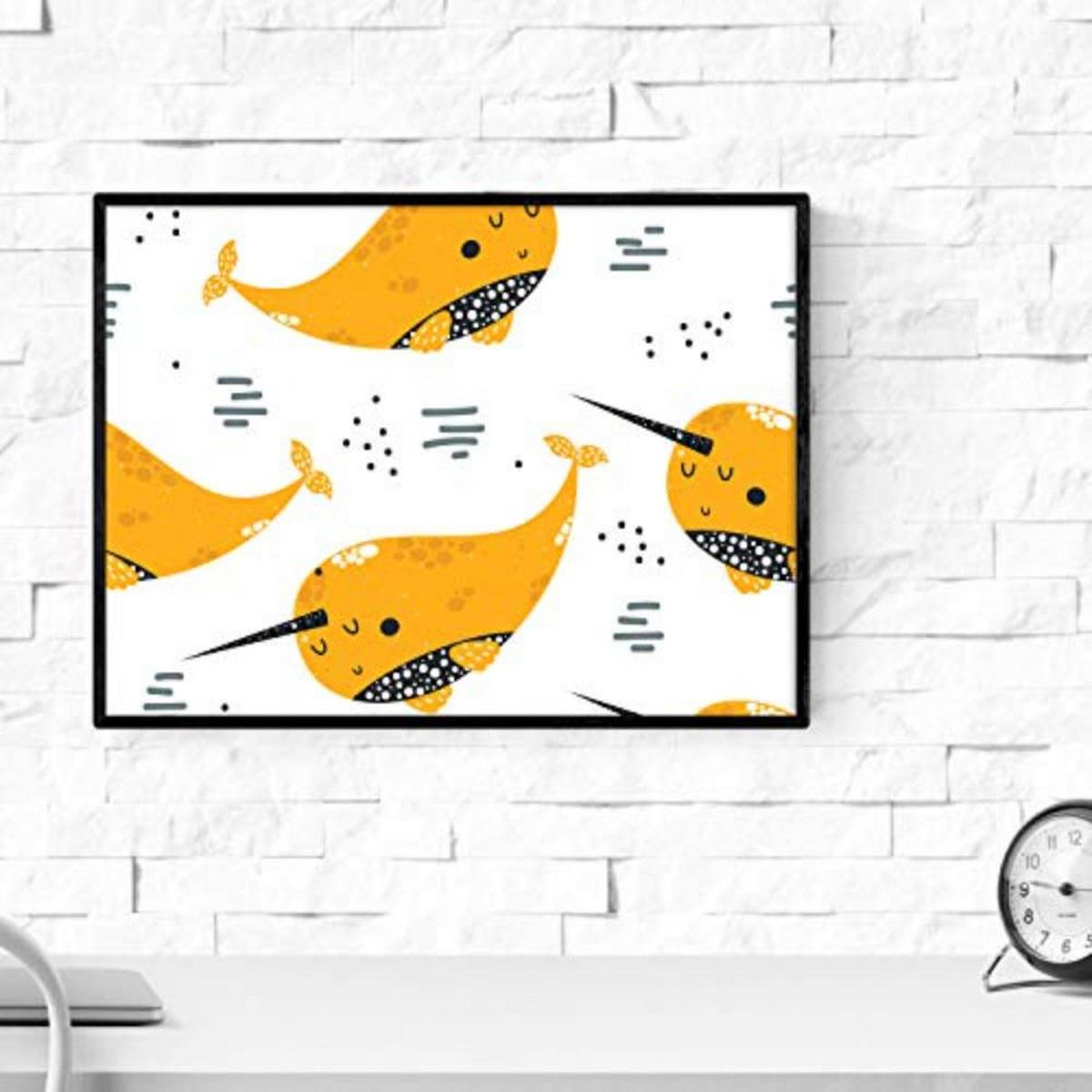 POSTER Set mit 4 Grauwal Orange Leuchtturm und Seestern A4 Schwarzer Rahmen - Schwarz, Papier (29.7/3cm) - Nacnic