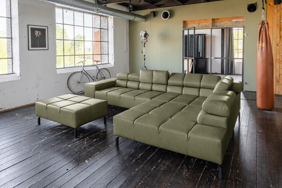 ECKSOFA NELSON Grün Leder - Schwarz/Olivgrün, Leder/Metall (321/216cm) - KAWOLA