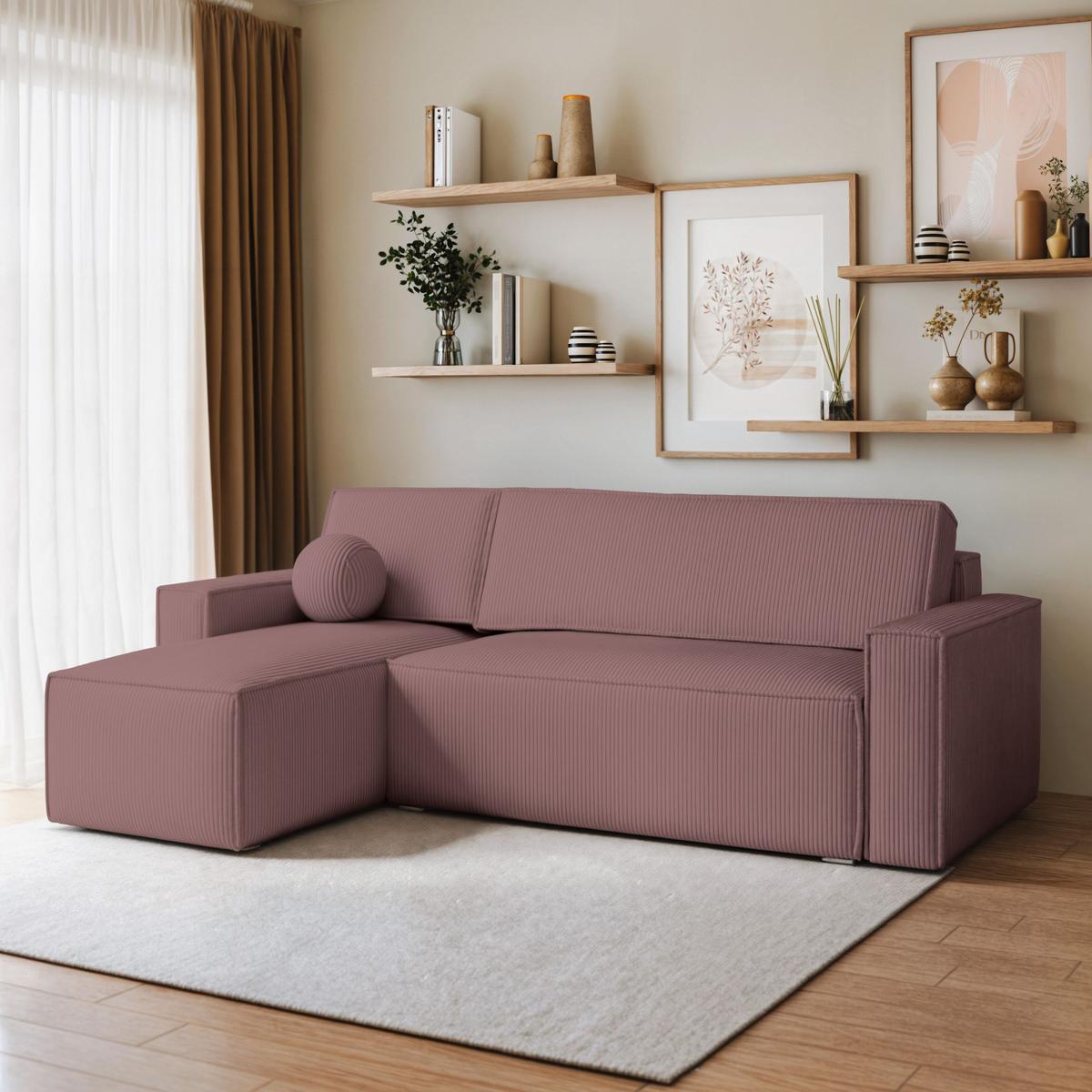 ECKSOFA RAVELO P Lila Kordstoff mit Schlaffunktion - Lila/Grau, Holz/Kunststoff (240/140cm) - MASSENO
