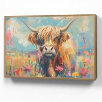 WANDLEUCHTE MIT AKKU Schottische Hochländer - Natur - Farbenfroh - Blumen 90x60 cm - Multicolor, Holzwerkstoff (90/60/8cm) - OnlyWow
