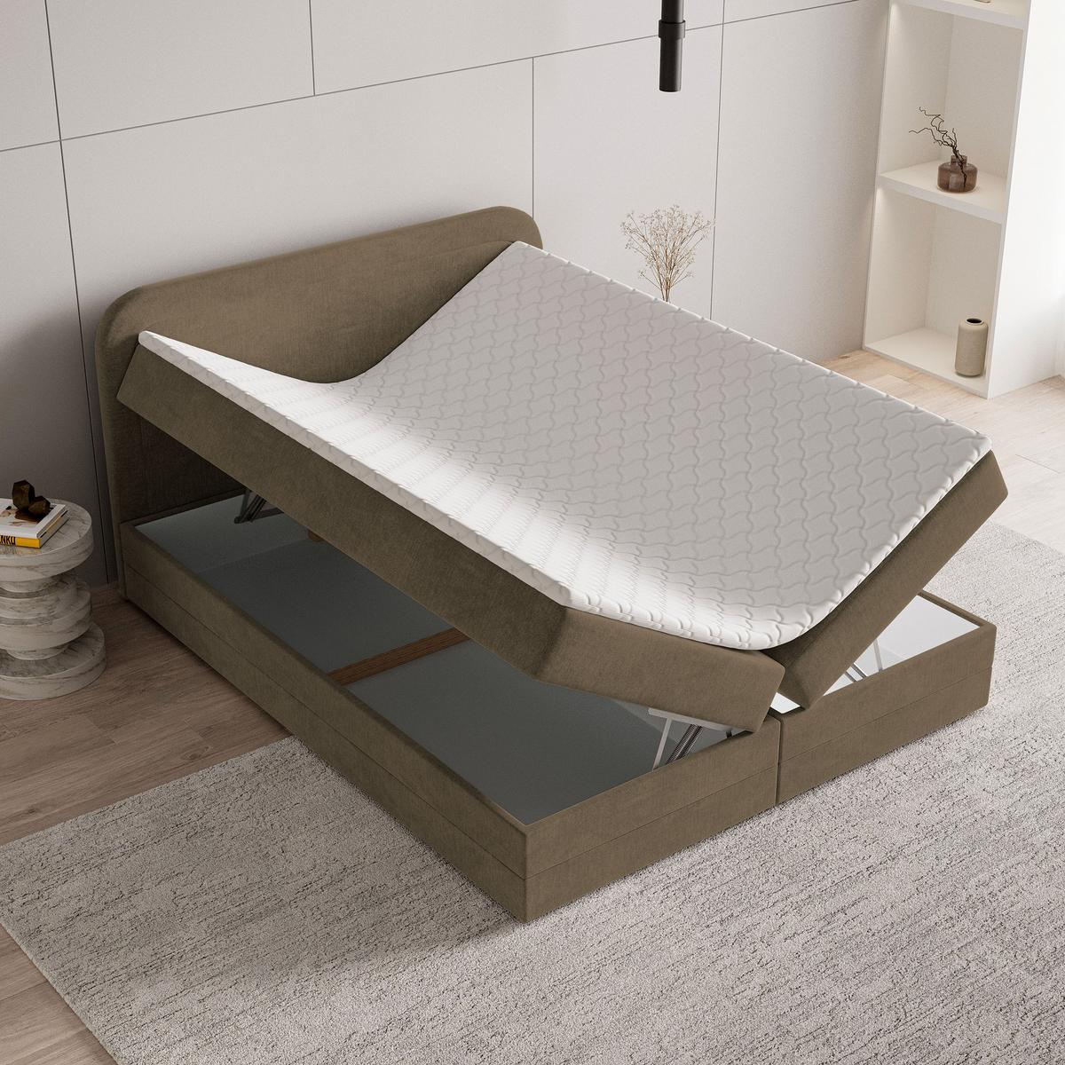 BOXBETT ARMEL 140x200 cm mit Matratze und Topper - Beige - Beige, Holz (140/200cm) - MASSENO