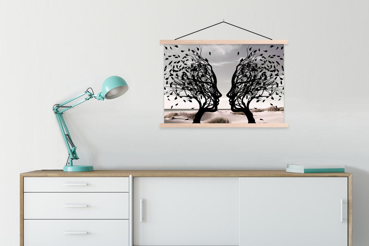 POSTER MIT MAGNETLEISTEN Strand - Meer - Menschen - Baum - Moderne Kunst Wanddeko 90x60 cm - Hellgrau, Textil (90/60/0.15cm) - MuchoWow