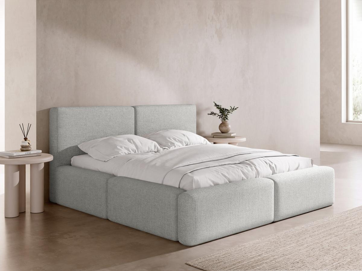 POLSTERBETT Duo mit Bettkasten, Metall-Lattenrost & hohem Kopfteil in Grau Chenille 160x200 cm - Birkefarben/Grau, Kunststoff/Textil (160/200cm) - WFL GROUP