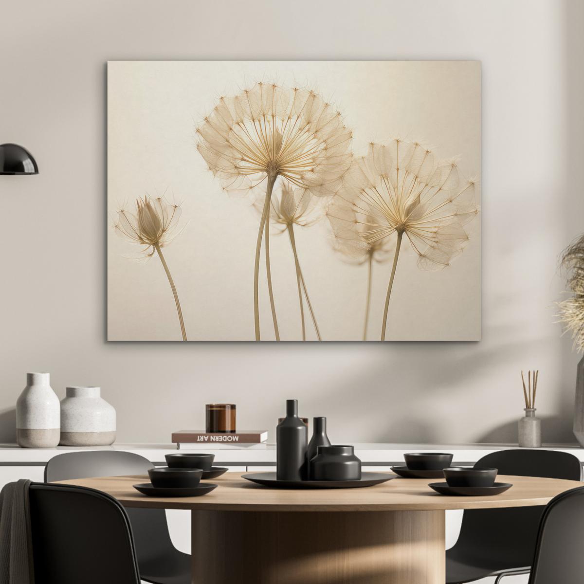 AKUSTIKBILD Sonnenlicht - Löwenzahn - Botanisch - Blumen Gemälde 80x60 cm - Creme, Kunststoff (80/60/0.9cm) - MuchoWow