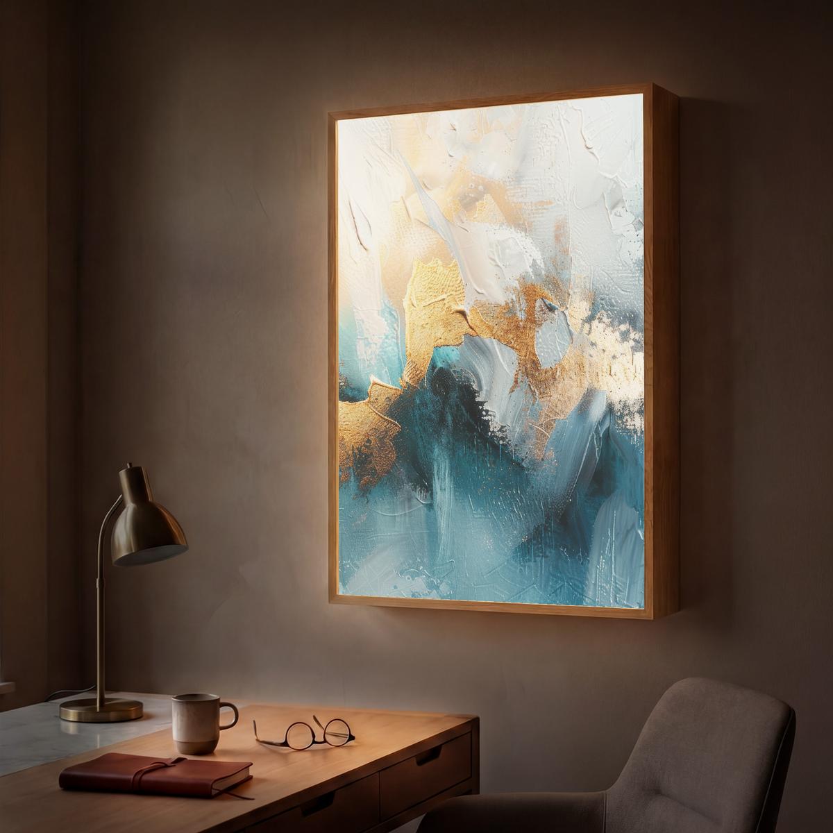 WANDLEUCHTE MIT AKKU Abstrakt - Kunst - Gold - Blau 70x100 cm - Türkis, Holzwerkstoff (70/100/8cm) - OnlyWow