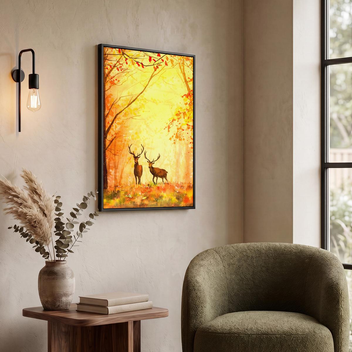 LEINWAND Bilder mit Rahmen - Natur - Ölfarbe - Hirsche - Tiere - Herbst - Orange - 50x70 - Orange, Textil (50/70cm) - MuchoWow