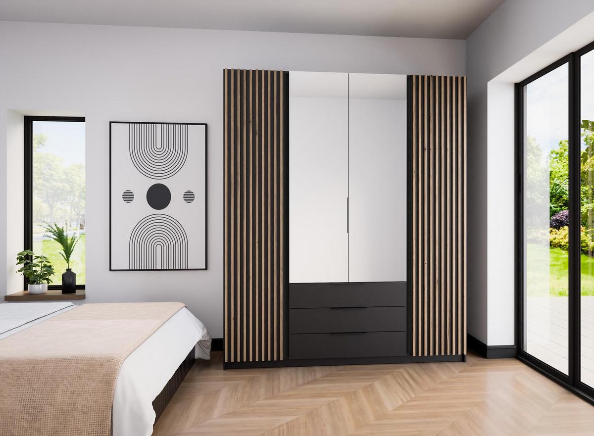 KLEIDERSCHRANK Nehir Korpus Schwarz, Front Schwarz/Eiche Evoke 200 cm - 4T3S Modern mit Schubladen, Lamellentüren außen und Spiegeln mittig - Schwarz, Holzwerkstoff/Kunststoff (200/239/61.9cm) - AX Living
