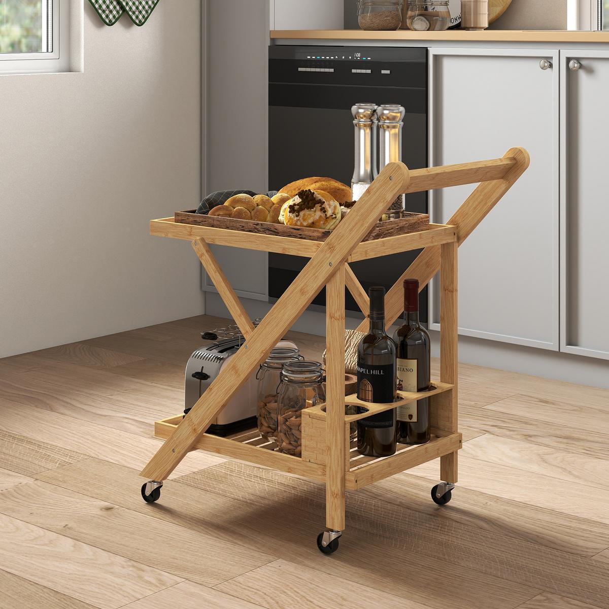 KÜCHENWAGEN mit Weinregal, 66 x 40 x 70 cm, Natur - Naturfarben, Naturmaterialien (40/70/66cm) - HOMCOM