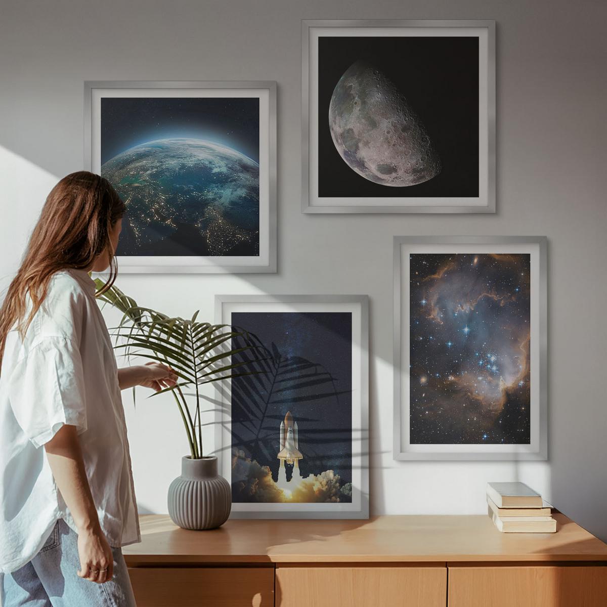 BILDER SET 4er Set - 50x50 cm & 40x60 cm Silberner Rahmen - Weltraum Erde Rakete Galaxie - Silberfarben, Kunststoff (50/50cm) - TULUP