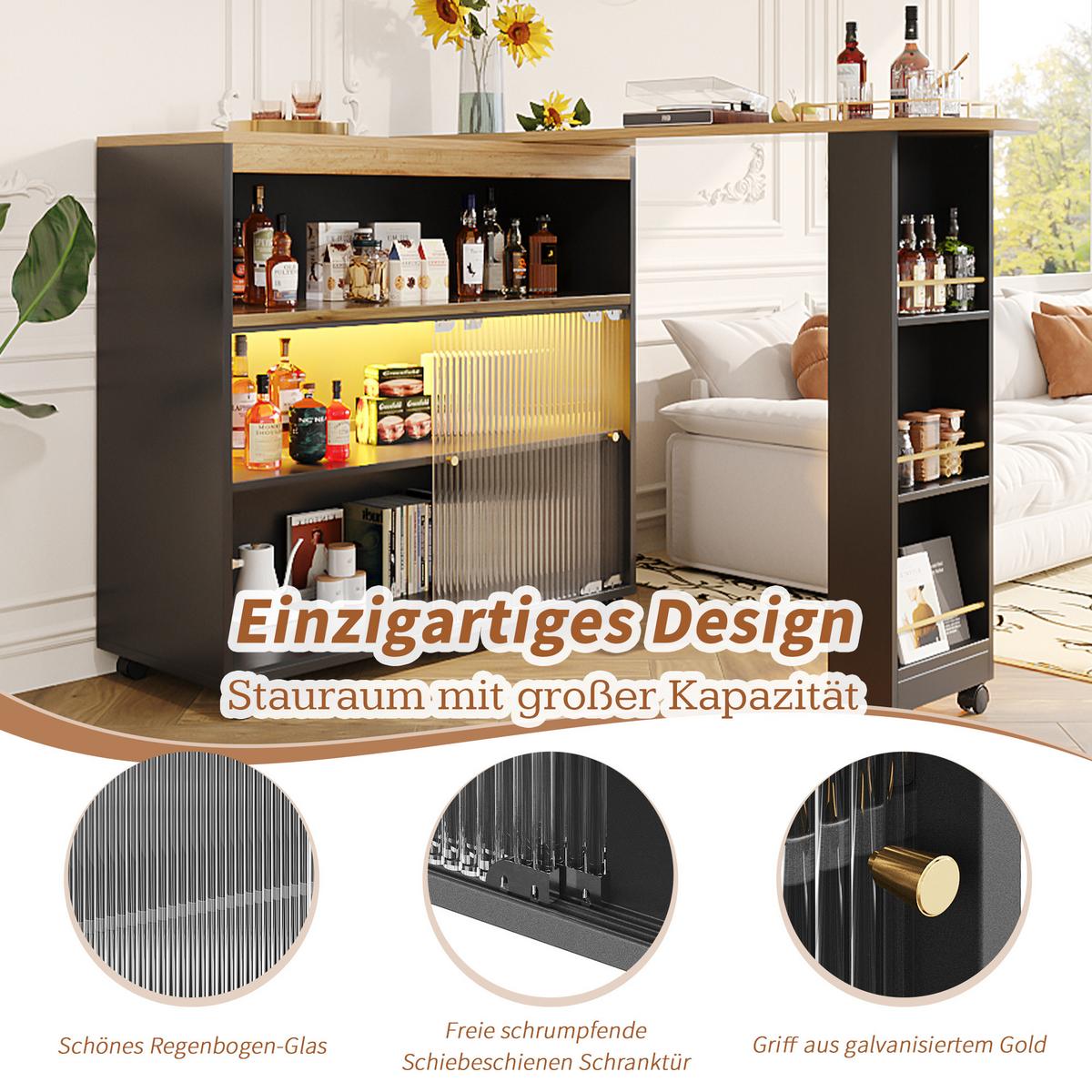 BARTISCH ausziehbar mit led & rollen - Schwarz, Holzwerkstoff (39/138/105cm) - Urban Meuble