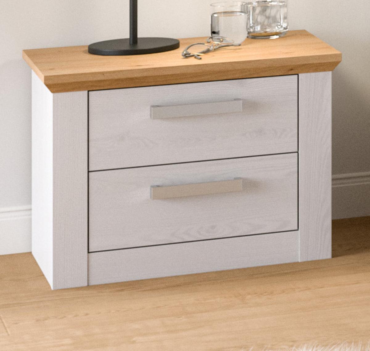 NACHTTISCH weiß Lärche, Eiche Artisan Landhaus 56 x 43 cm, Nachtkommode mit Schubkästen - Eichefarben/Silberfarben, Holzwerkstoff/Kunststoff (56/43/39cm) - Inn.Furn
