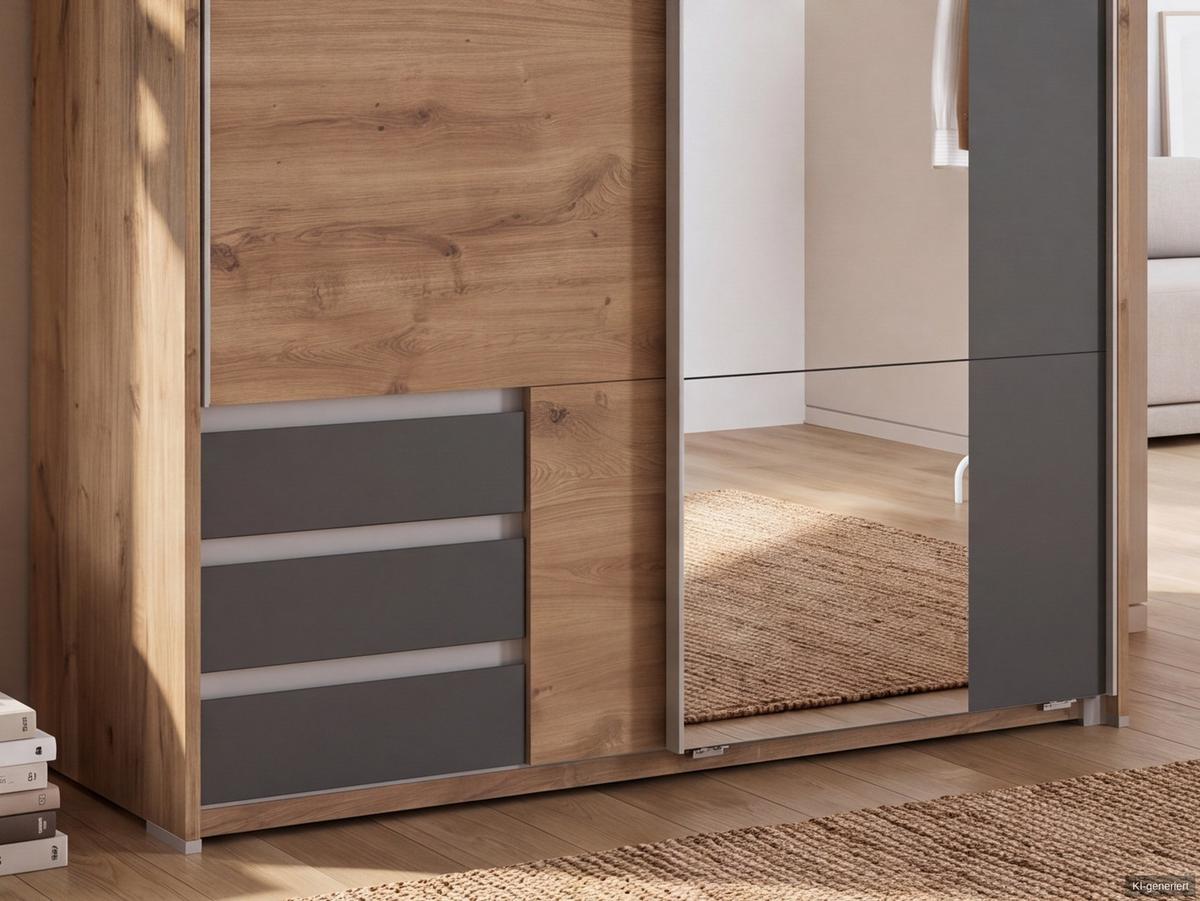 SCHWEBETÜRENSCHRANK 2-türig B138/H200/T65 cm, Passepartout-Kleiderschrank in Eiche Dekor mit Spiegel, 1x Tür & sichtbare Schubkästen in Grafit / 22685 - Eichefarben/Graphitfarben, Holz/Holzwerkstoff (138/200/65cm) - luma-home